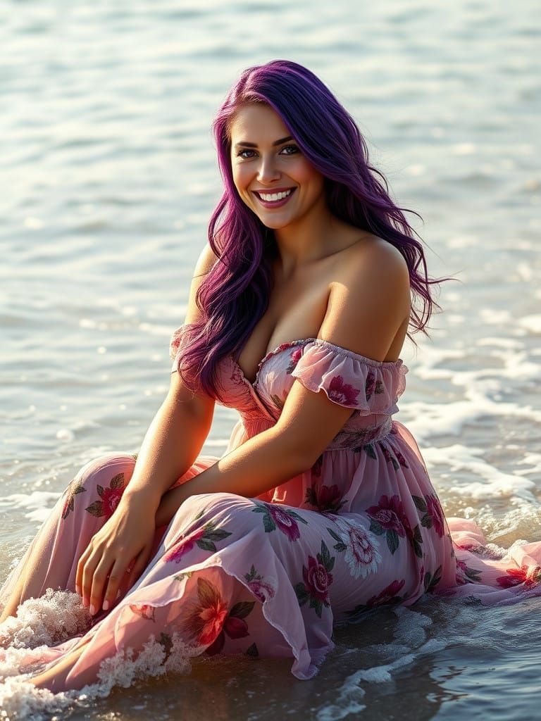 Stunning Purple-Haired Woman Serenely Sits in the Gentle Sur...