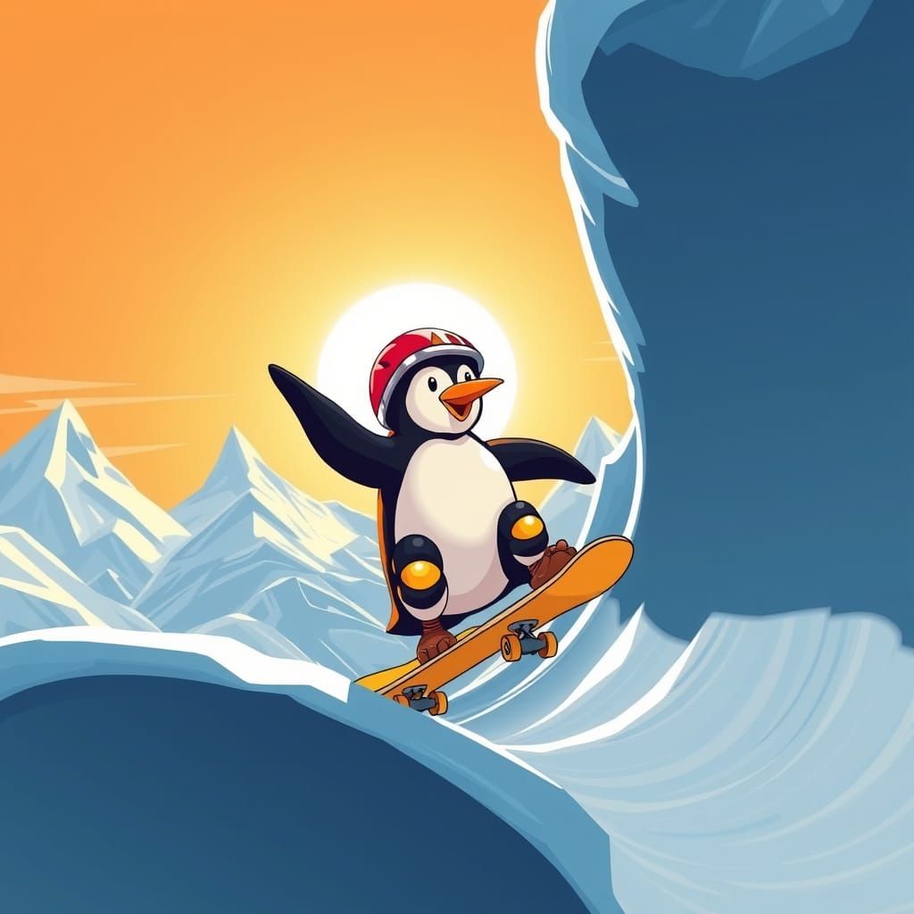 Penguin Skater in Vibrant, Stylized Landscape