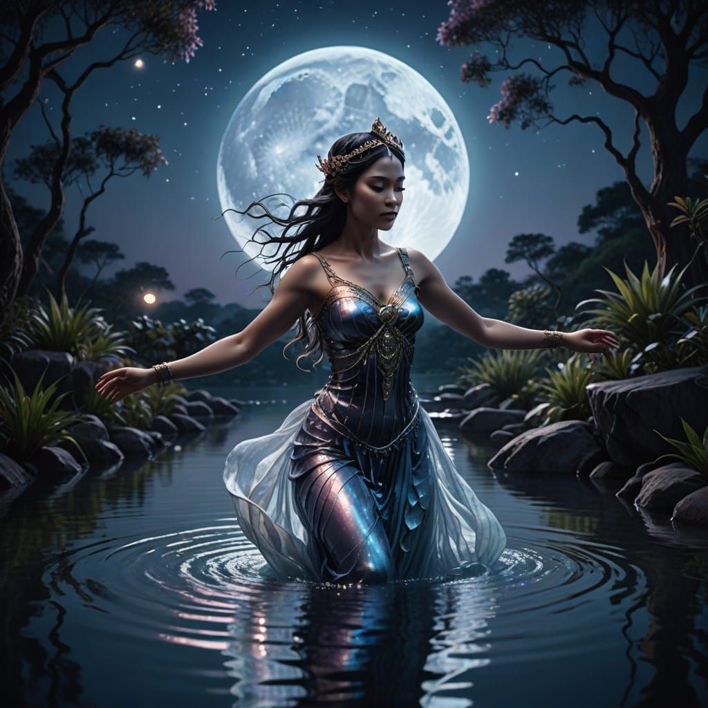 Dreamy Apsara Nymph in Moonlit Pool