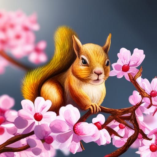 Squirrel in Cherry Blossom Watercolor Garden