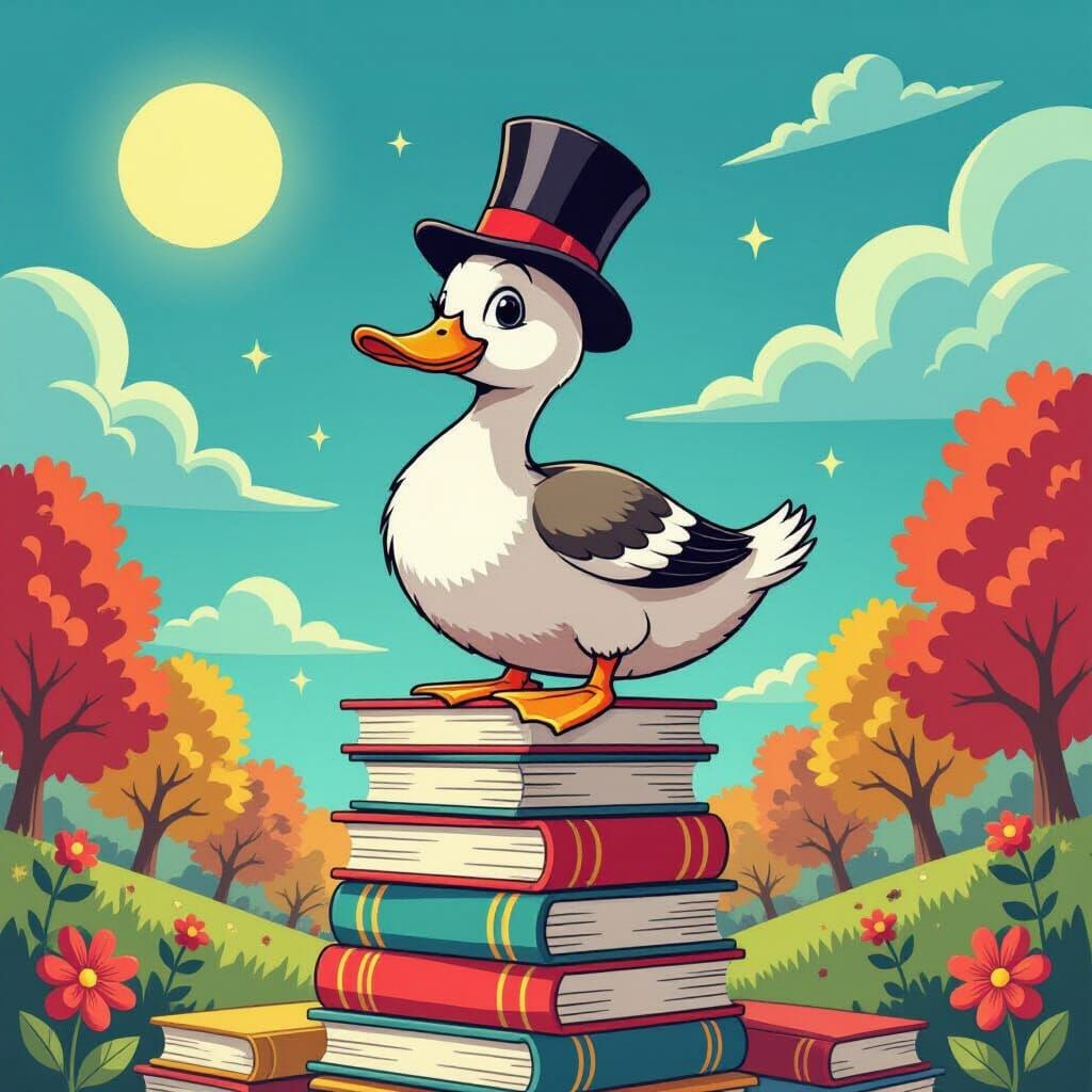 Whimsical Duck in Top Hat on Books, Surreal Pop Art Style