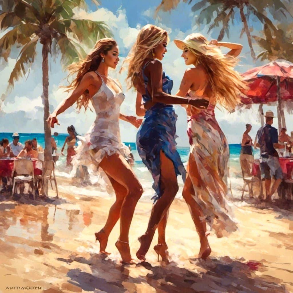 Mambo Dancing on Isla Verde Beach in Watercolor Style
