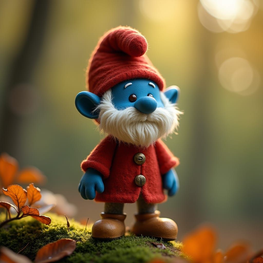 Intricate Wood Carved Smurf Figurine with Red Felt Tunic