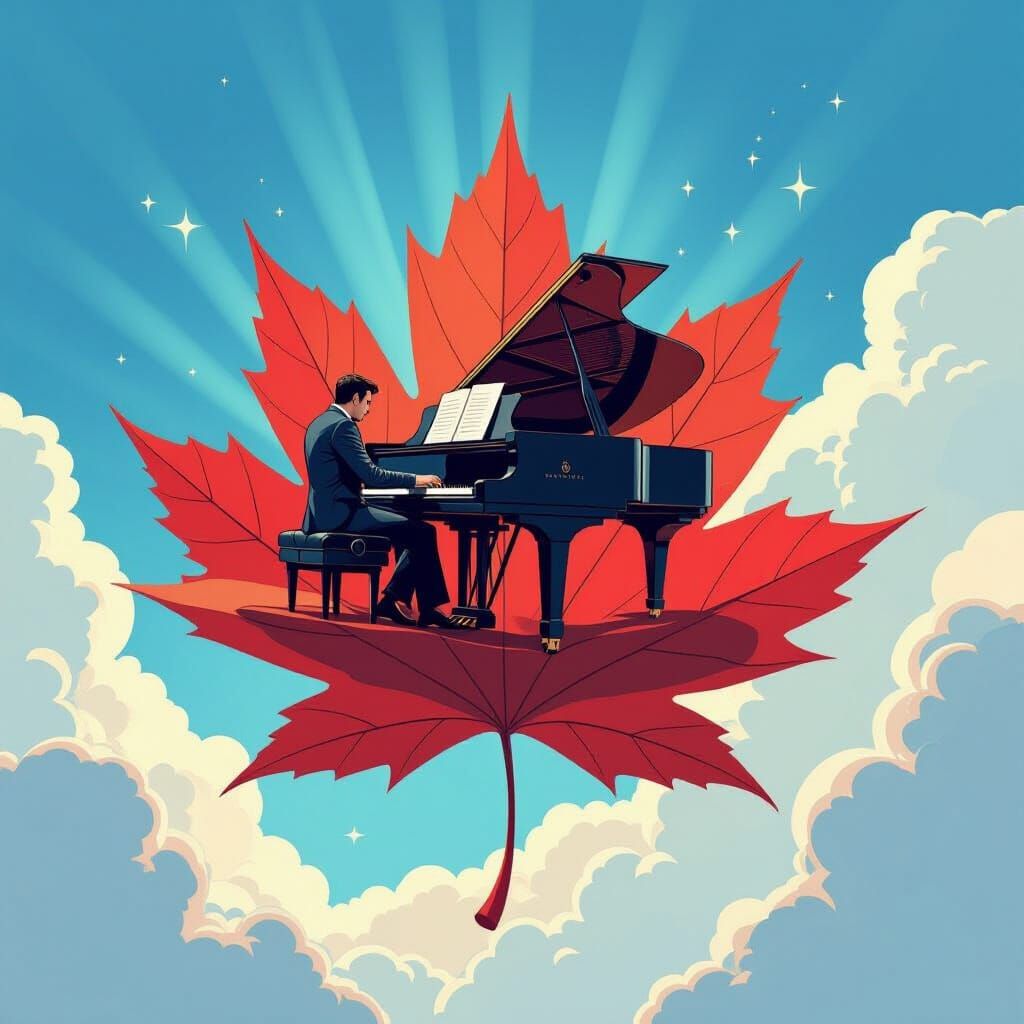Man Plays Grand Piano On Giant Maple Leaf In Sky