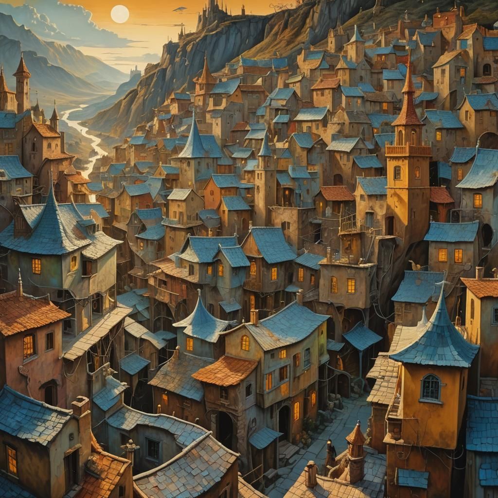 Surreal Creatures in an Elven Village Oil Painting