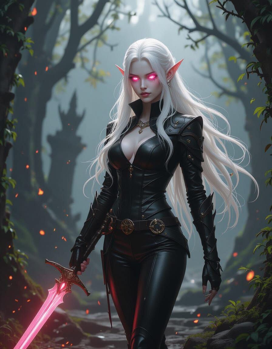 Albino Elf in Black Leather with Glowing Pink Eyes - DND Art
