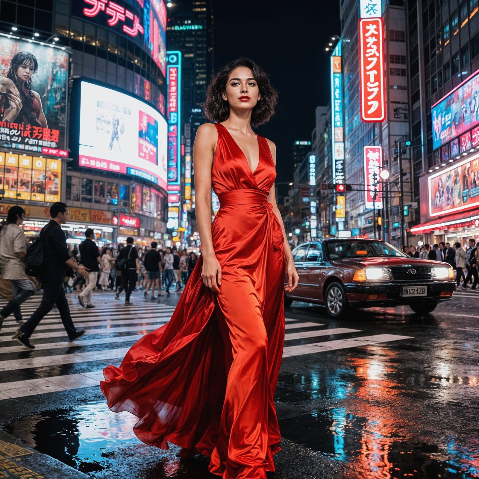 Woman in Red Dress in Neon Tokyo Intersection