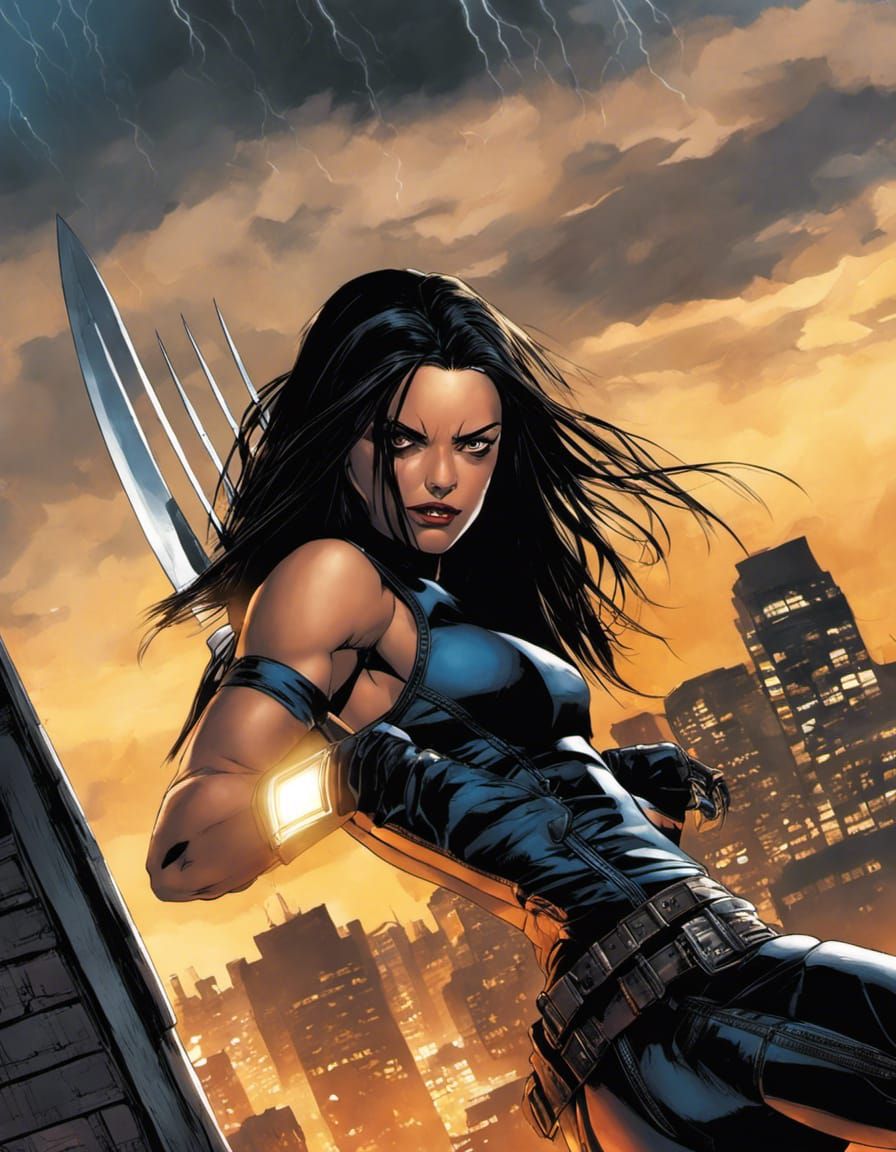 X-23 Stormy Rooftop Scene in Comic Book Style
