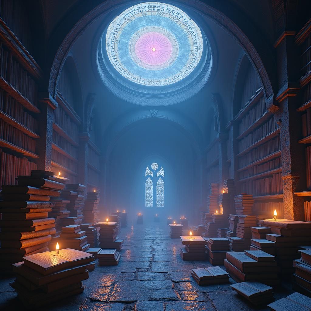 Mystical Library with Glowing Runes in Ethereal Light