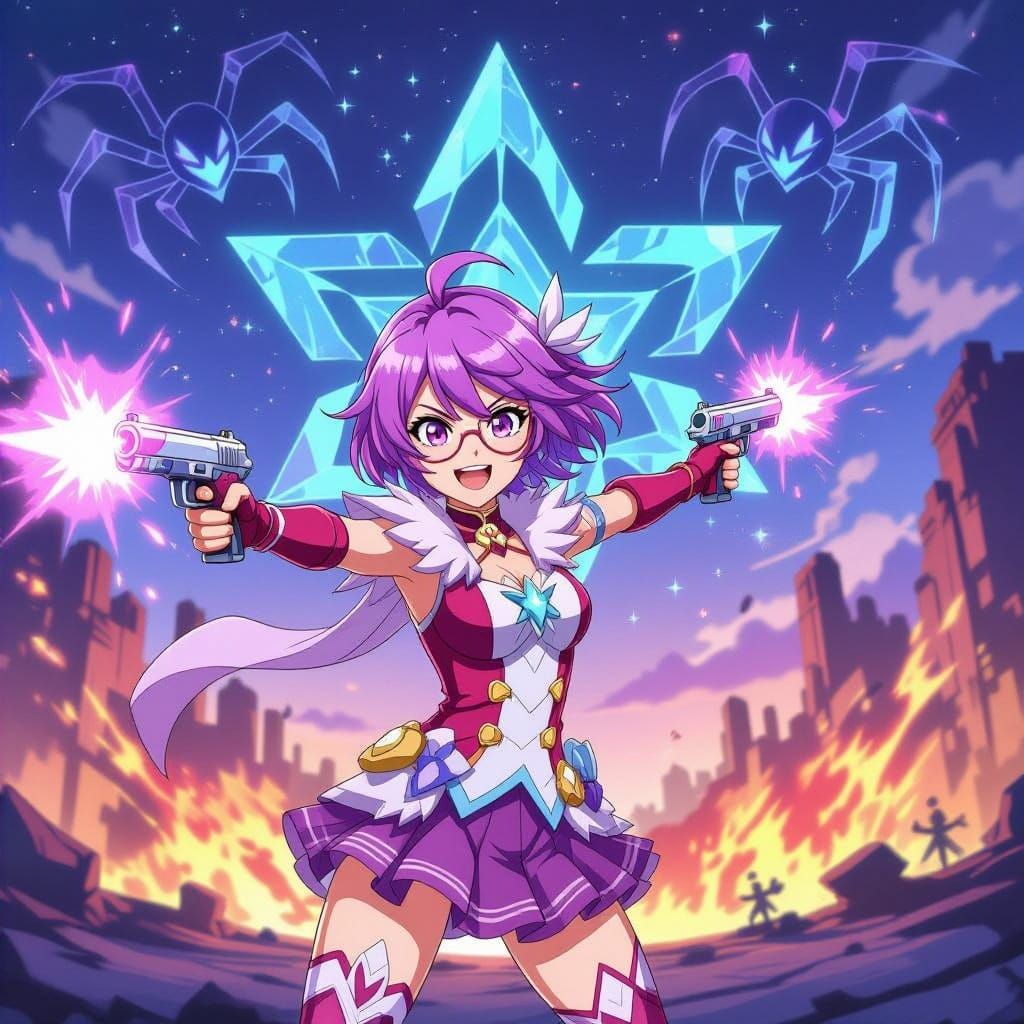 Violet-Haired Girl in Action Pose, Shooting Pistols and Surr...