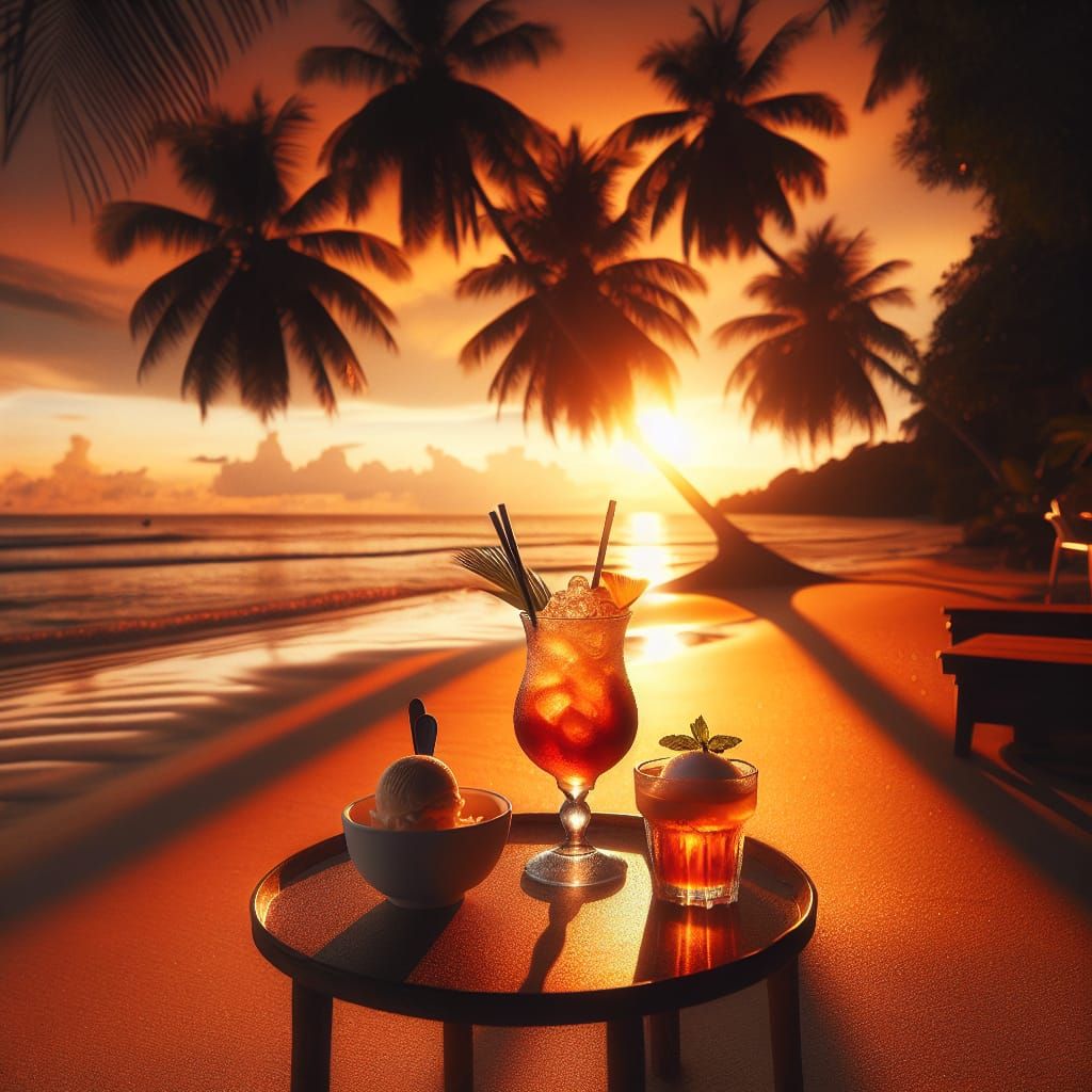 Tropical Beach Sunset with Beverage and Ice Cream