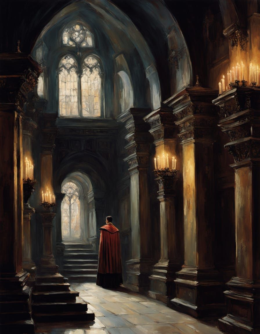 Gothic Dracula in a Castle Basement, Lit by Hundreds of Cand...