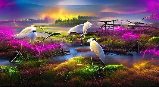 Egrets in a Glowing Marshland: 3D Render in 8K