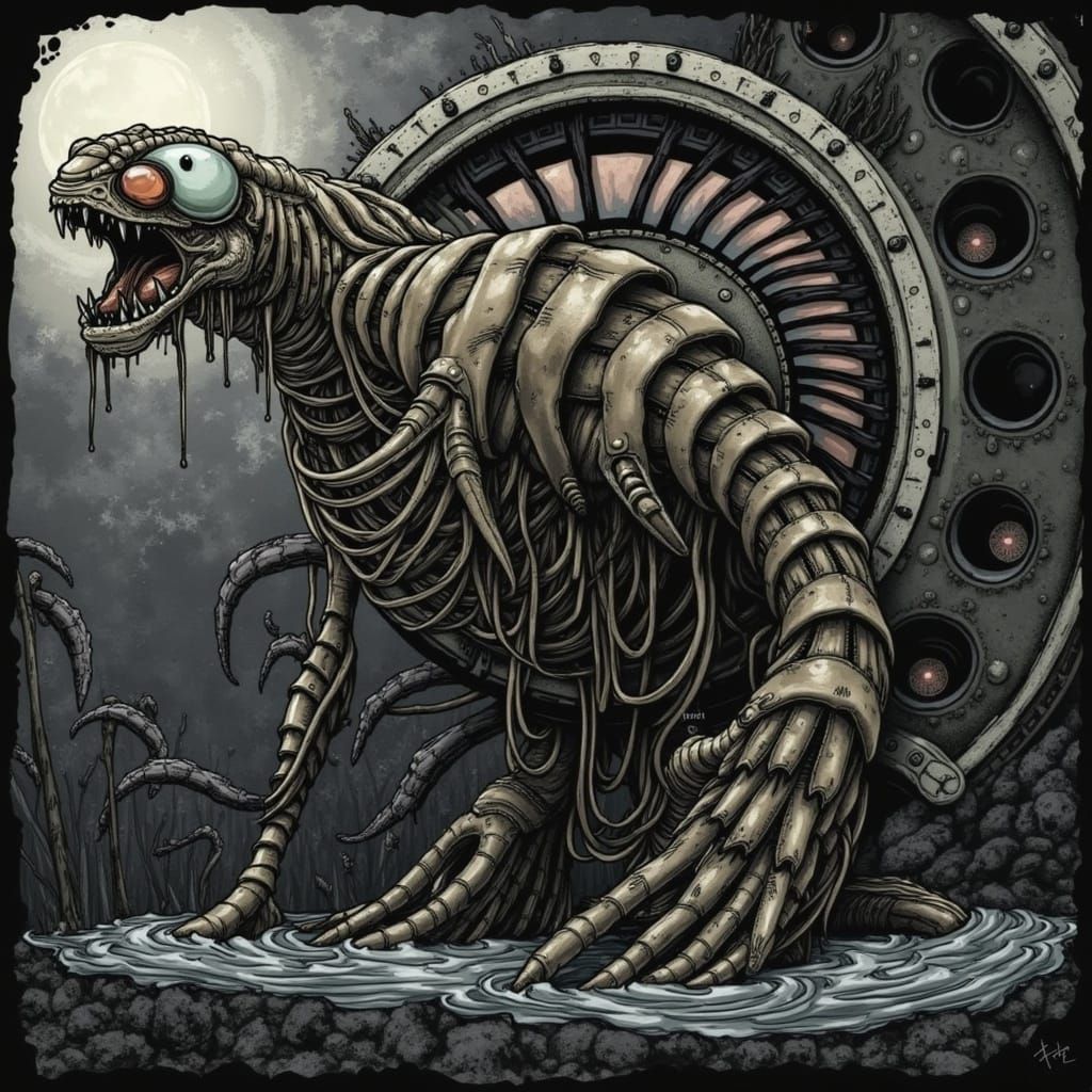 Aquatic Biomechanical Figure in Junji Ito Style