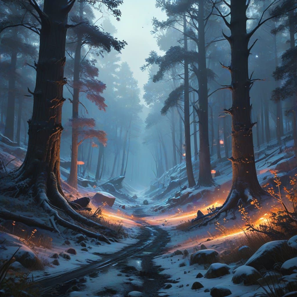 Surreal Winter Wonderland with Snow-Covered Trees in Neoclas...