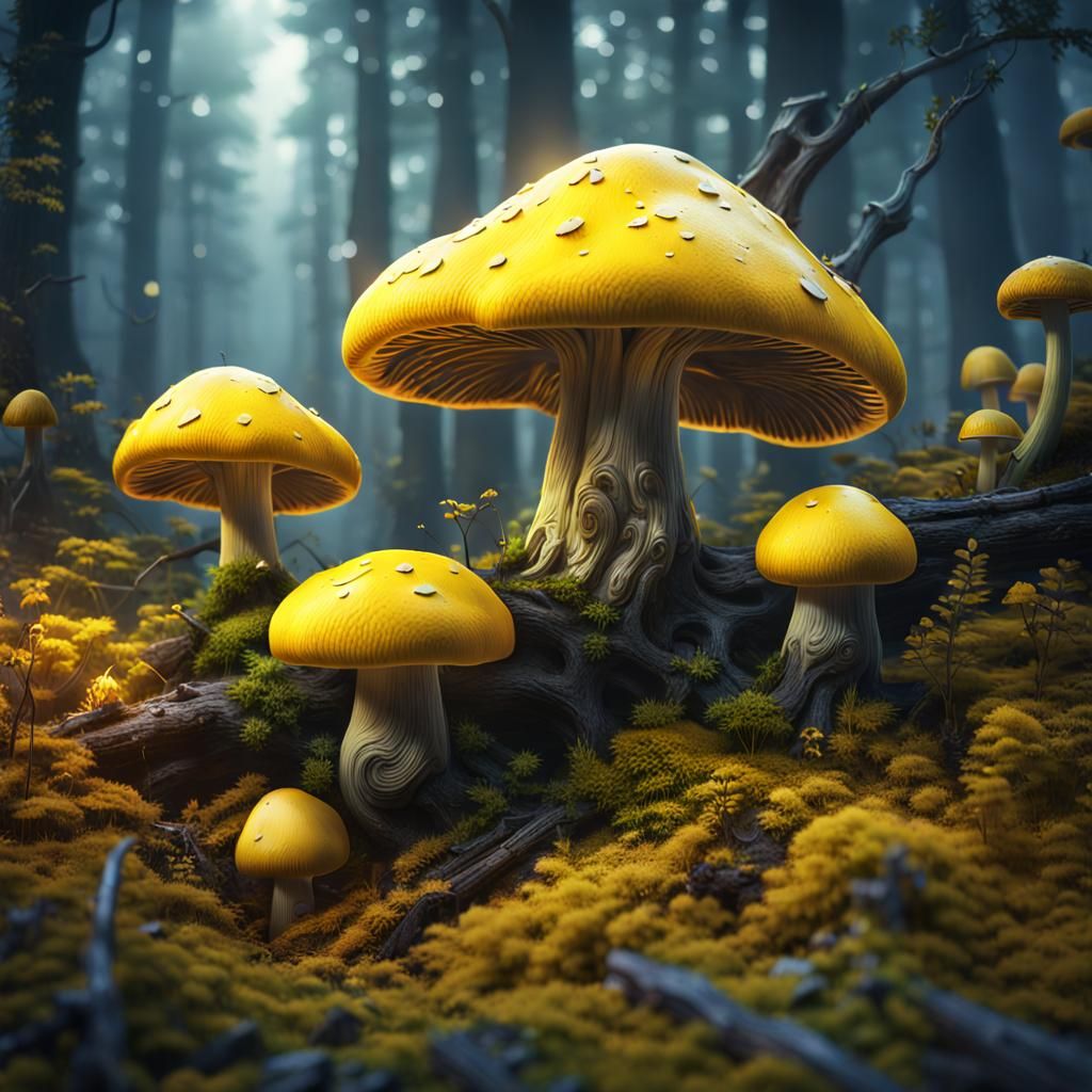 Mystic Yellow Mushrooms in Gloomy Forest: 3D Art