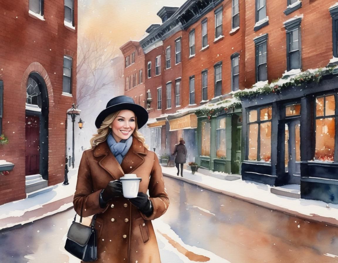 Boston Woman with Cocoa in Watercolor Style