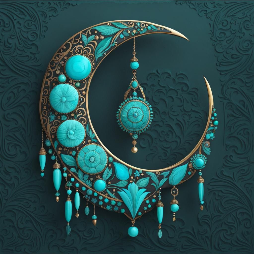 Turquoise Crescent Moon with Anatolian Motifs