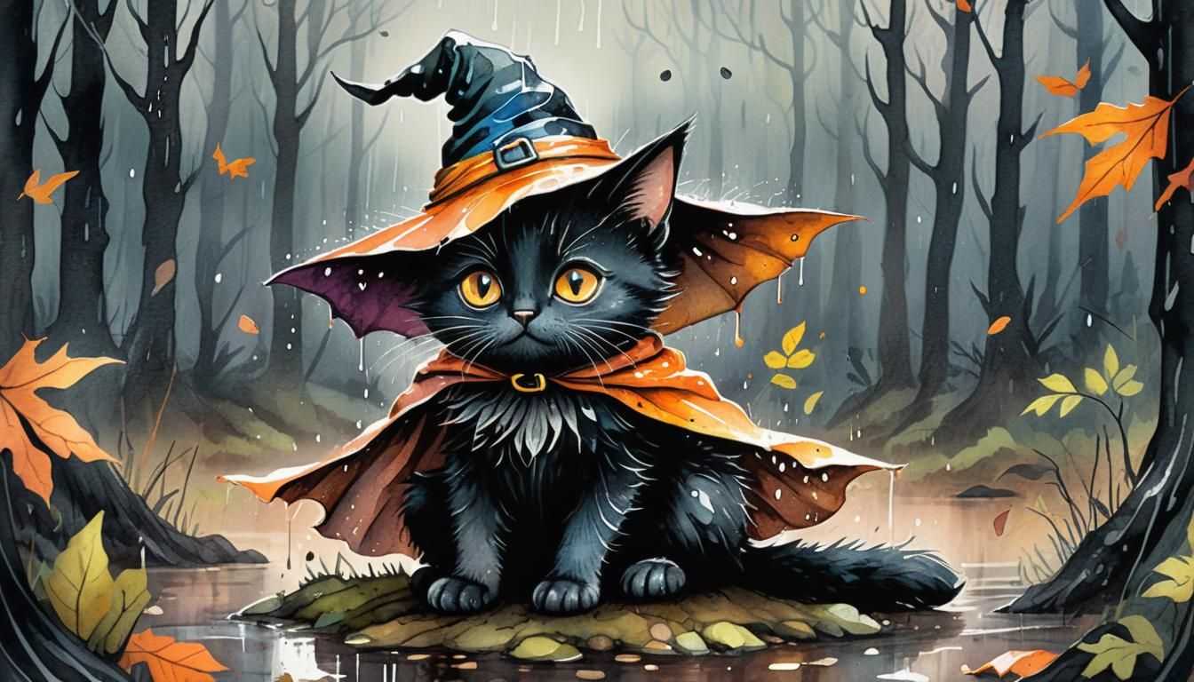 Halloween Kitten in Watercolor Illustration Style