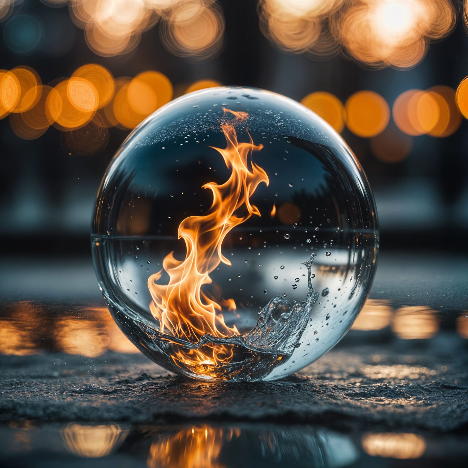 Fire and Water Entwined in Glass Sphere