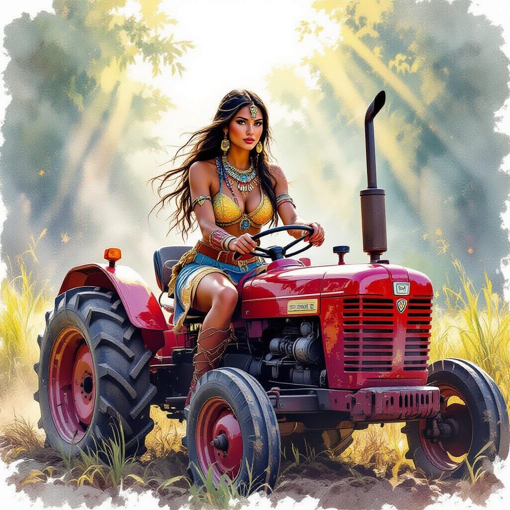 Inca Warrior on Tractor in Watercolor Style