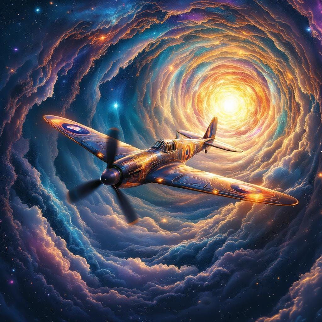 Spitfire Soaring Through Rococo Cyberpunk Time Portal