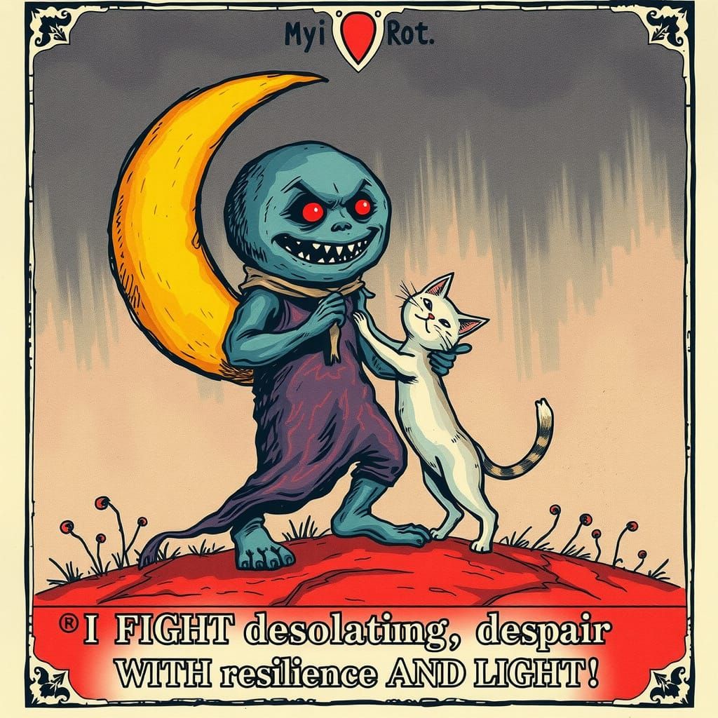 Vintage Cartoon Monster Dancing with Cat in Risograph Print