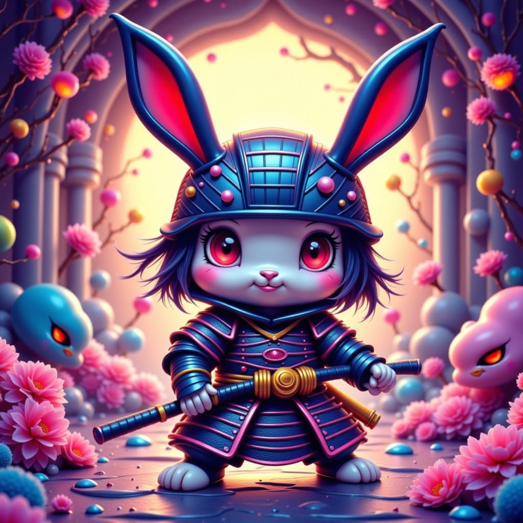 Samurai Bunny in Whimsical Dojo, Murakami Style