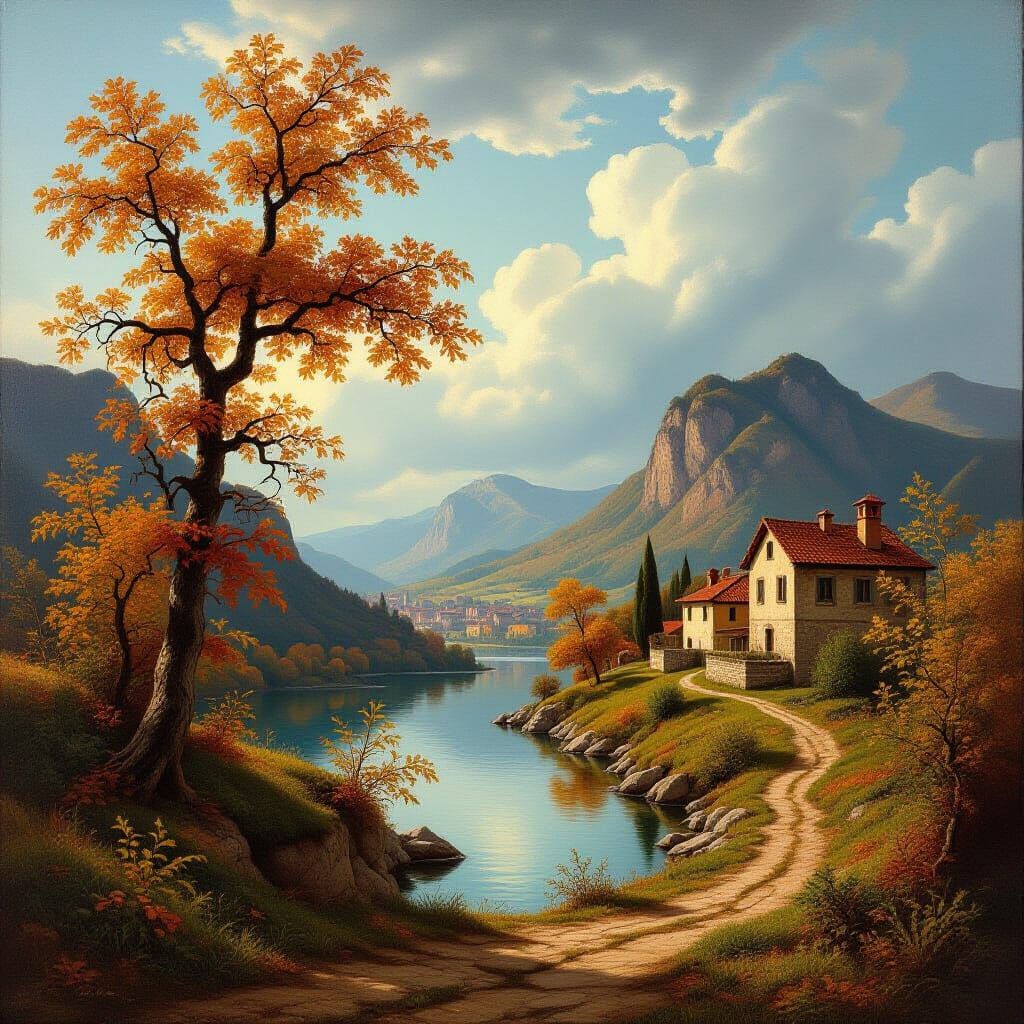 Renaissance Autumn Landscape with Dramatic Lighting