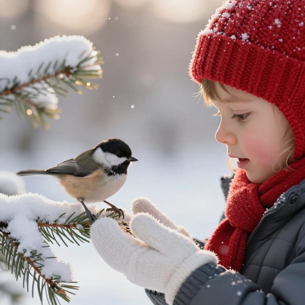 Child Offers Seeds to Chickadee in Snowy Morning Light