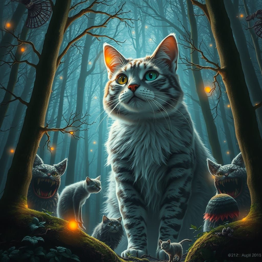 Giant Magical Cat in Cosmic Forest: Digital Art