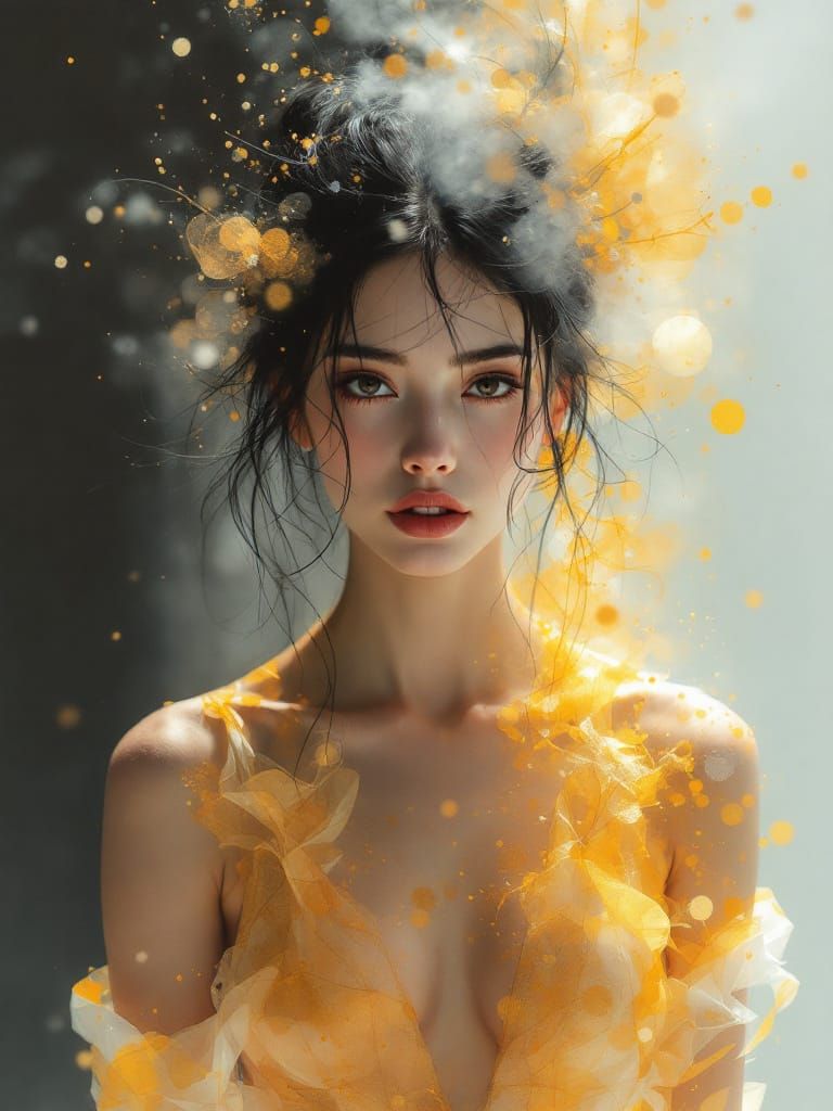 Ethereal Ink Wash Portrait of a Golden Sundress Woman