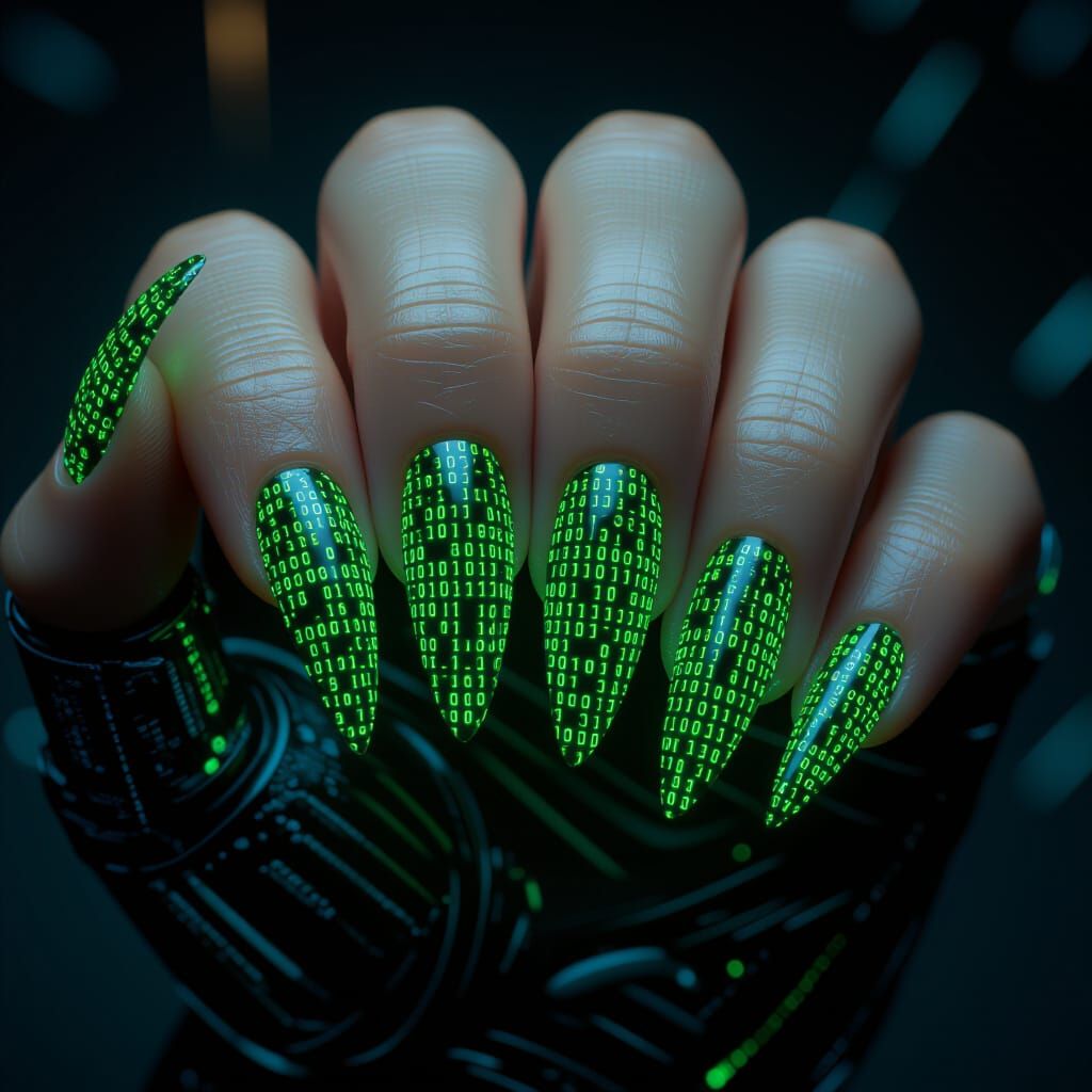 Hyperrealistic Code Fingernails with Cybernetic Aesthetics