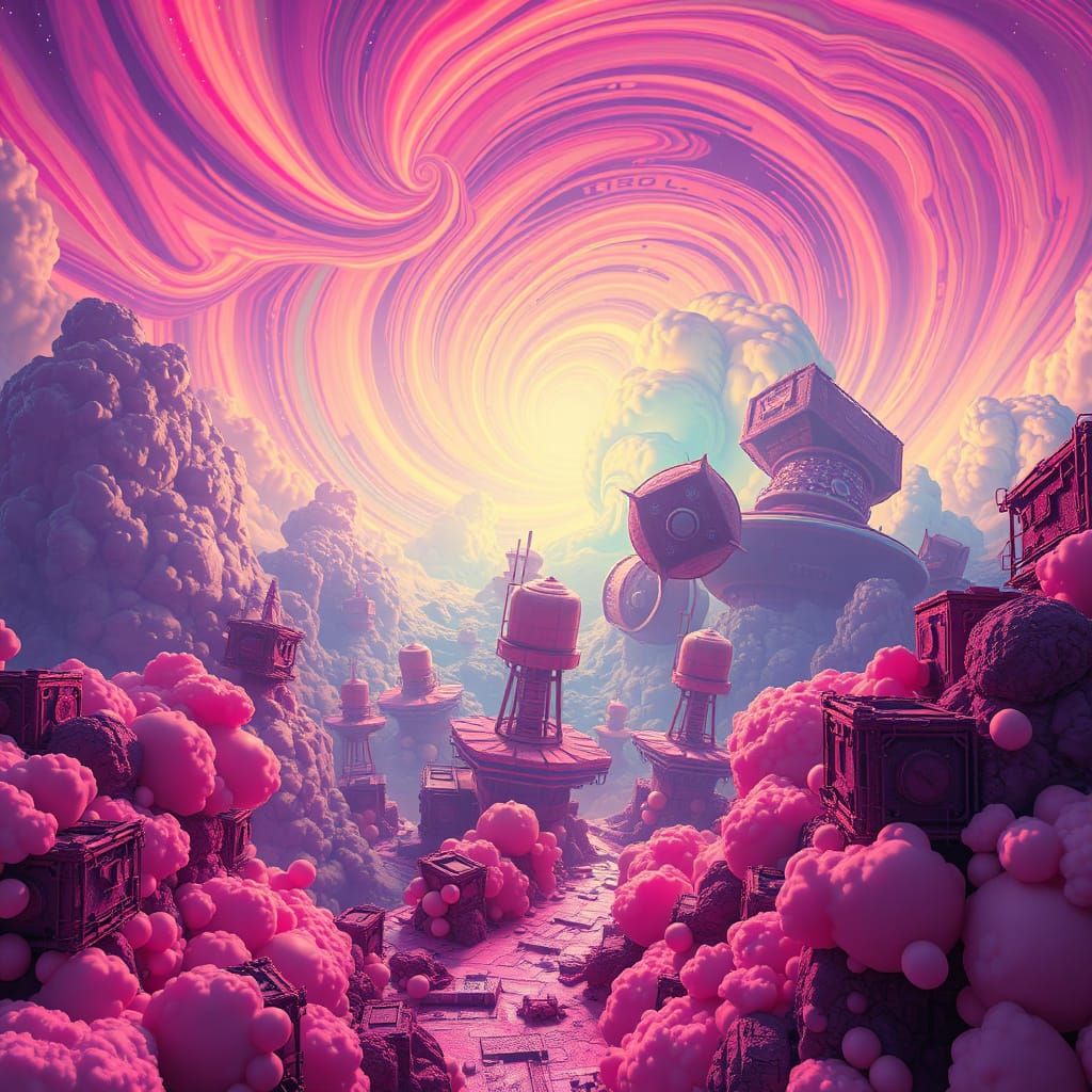 Surreal Dreamlike Scene with Swirling Clouds and Neon Colors