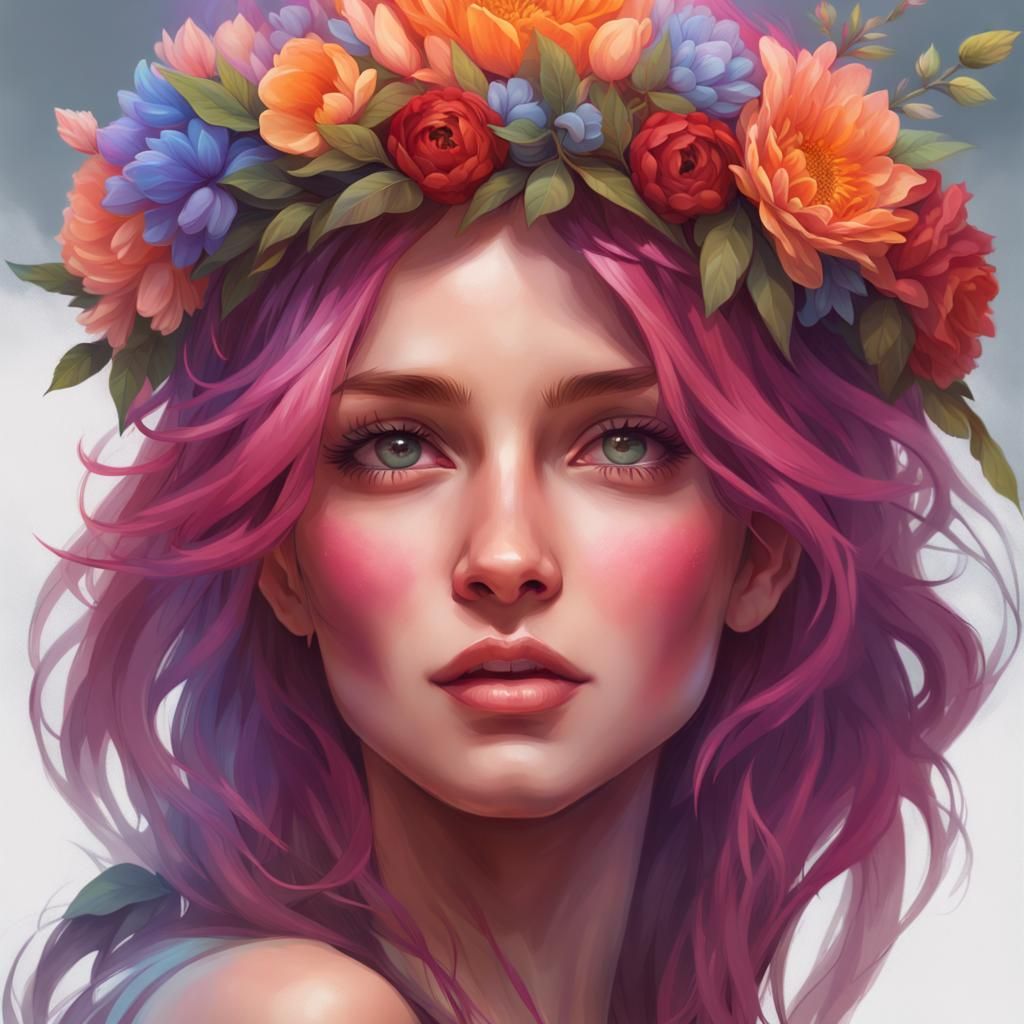 Colorful Haired Woman with Flower Crown Portrait