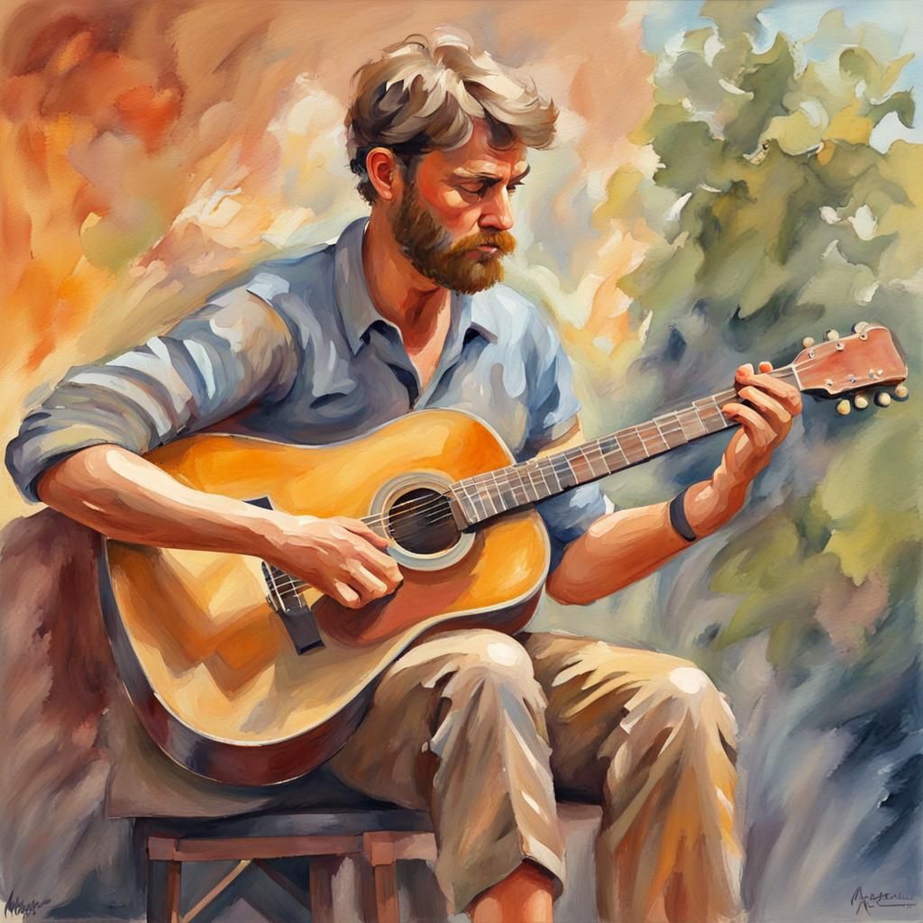 Sportsman Playing Guitar in Gouache Style