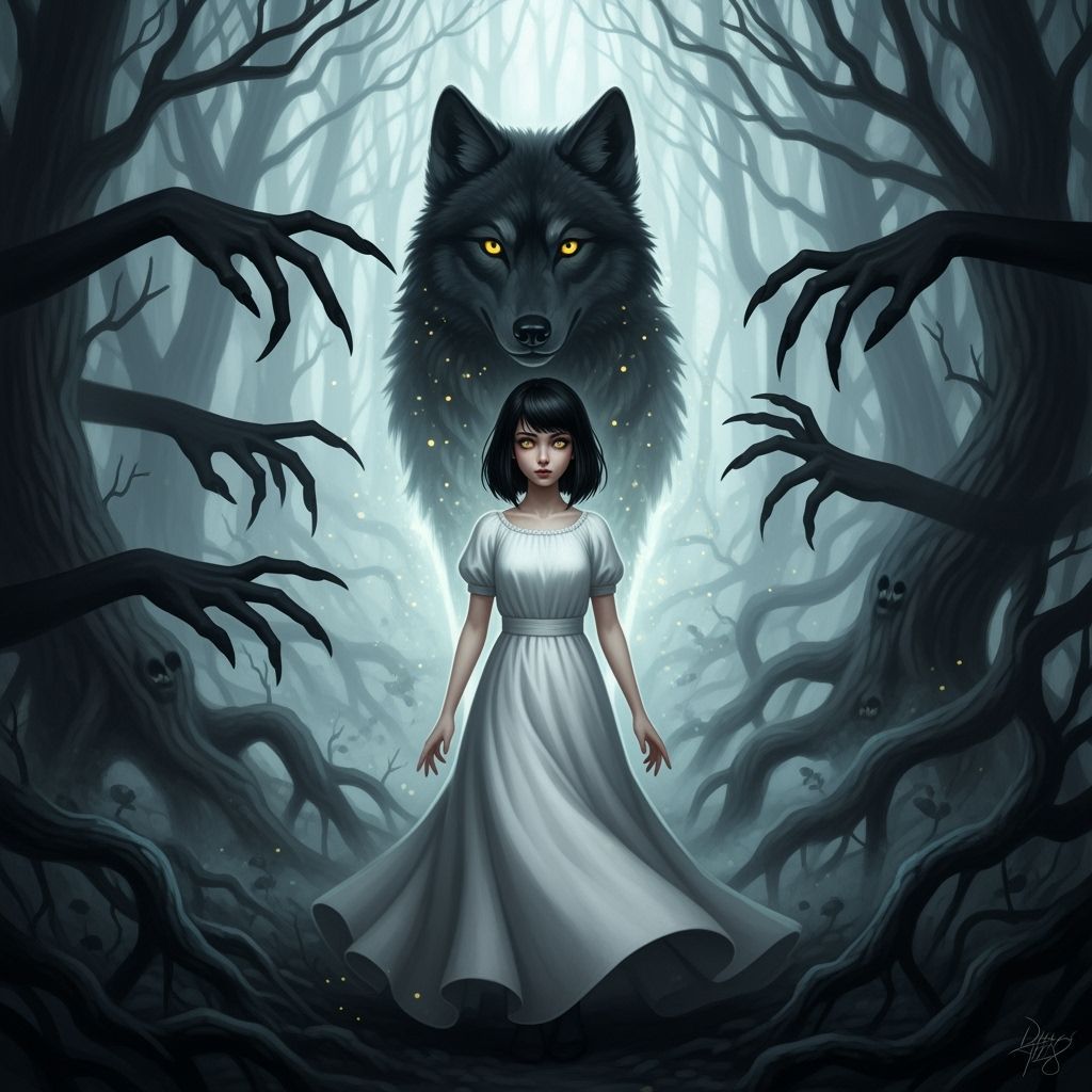 Gothic Teen and Spectral Wolf in Dark Forest