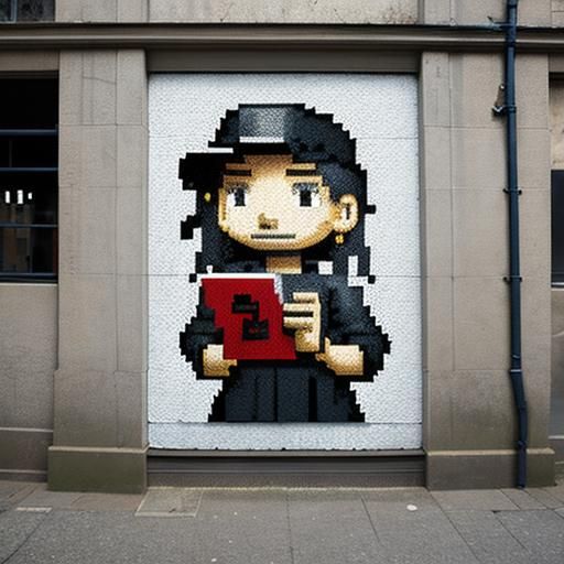 Pixel Art Girl with Pencil, Banksy-Style Fresco