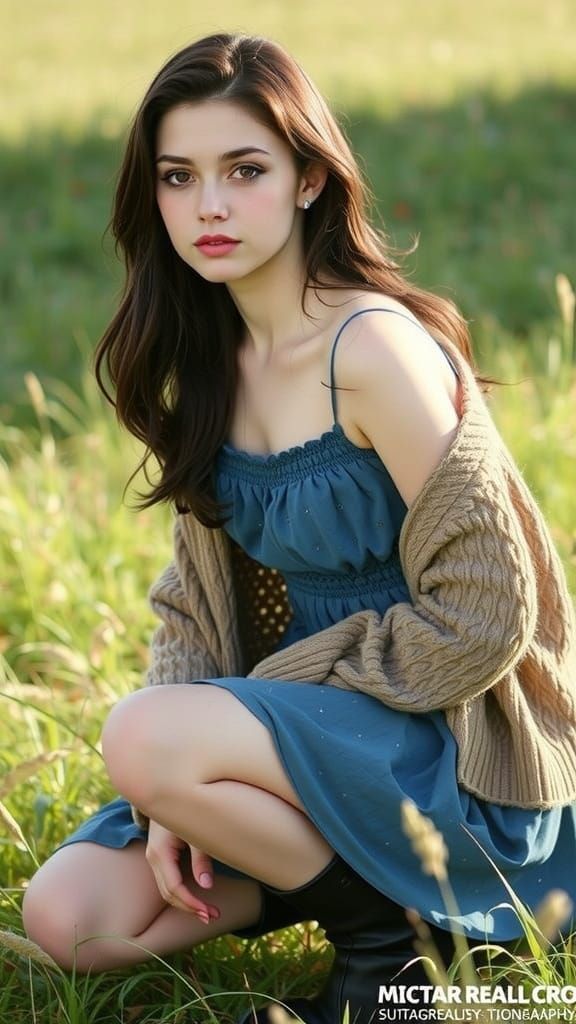 Country Girl in Lush Field, Hyper-Realistic Photo