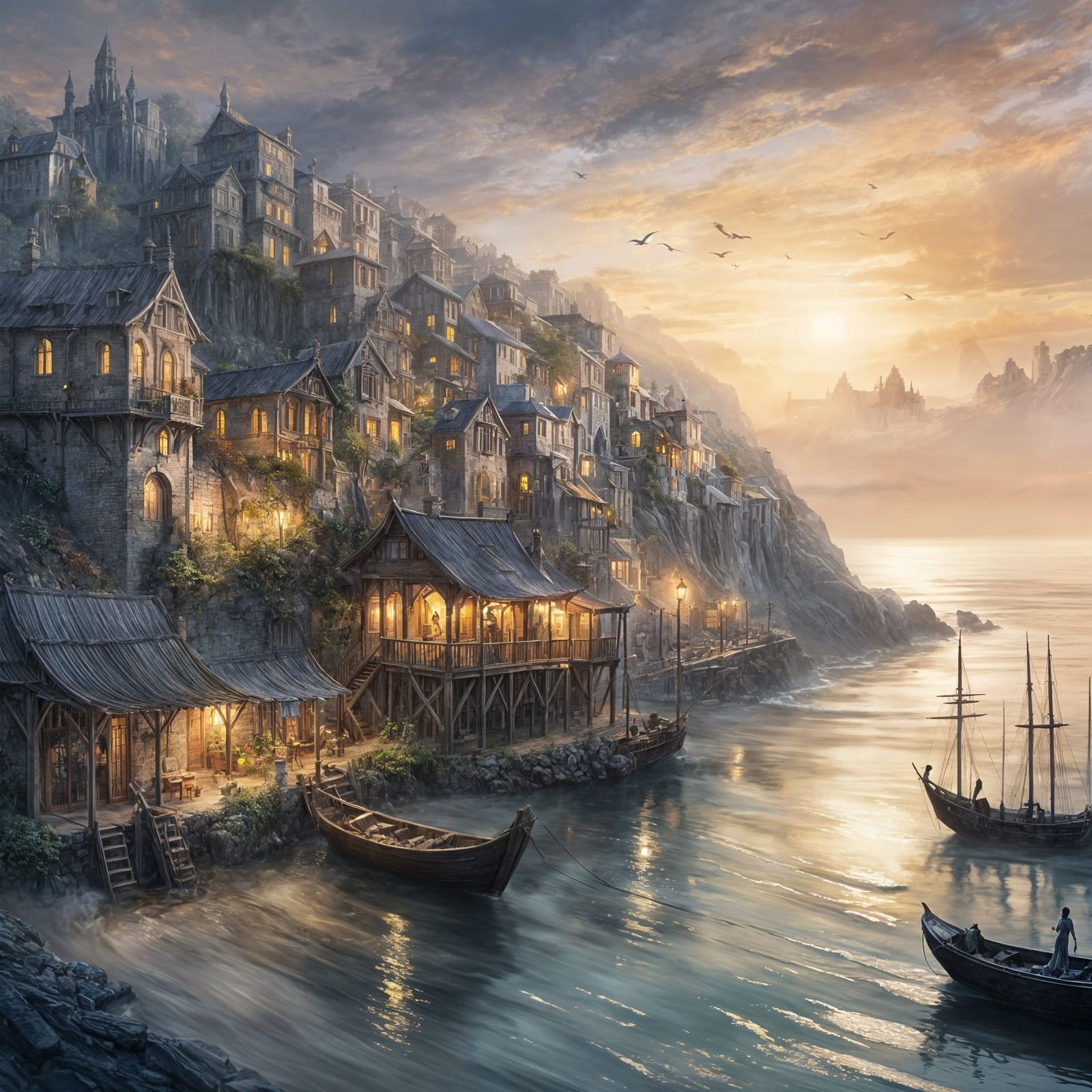 Ancient Seaside Town at Dawn: Fantasy Illustration
