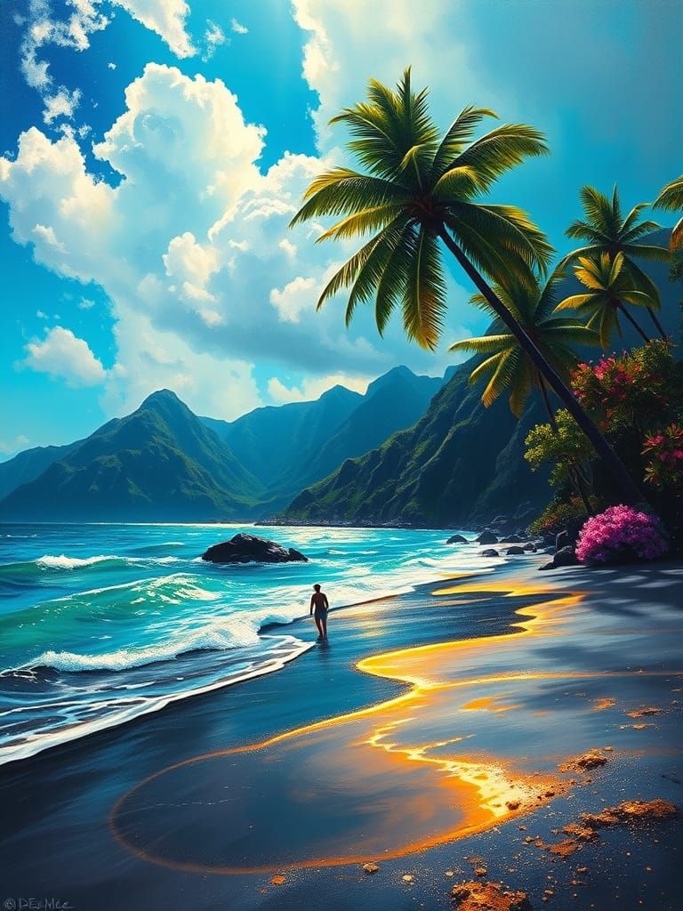 Hawaiian Island Dreamscape in Impressionist Oil Painting Sty...