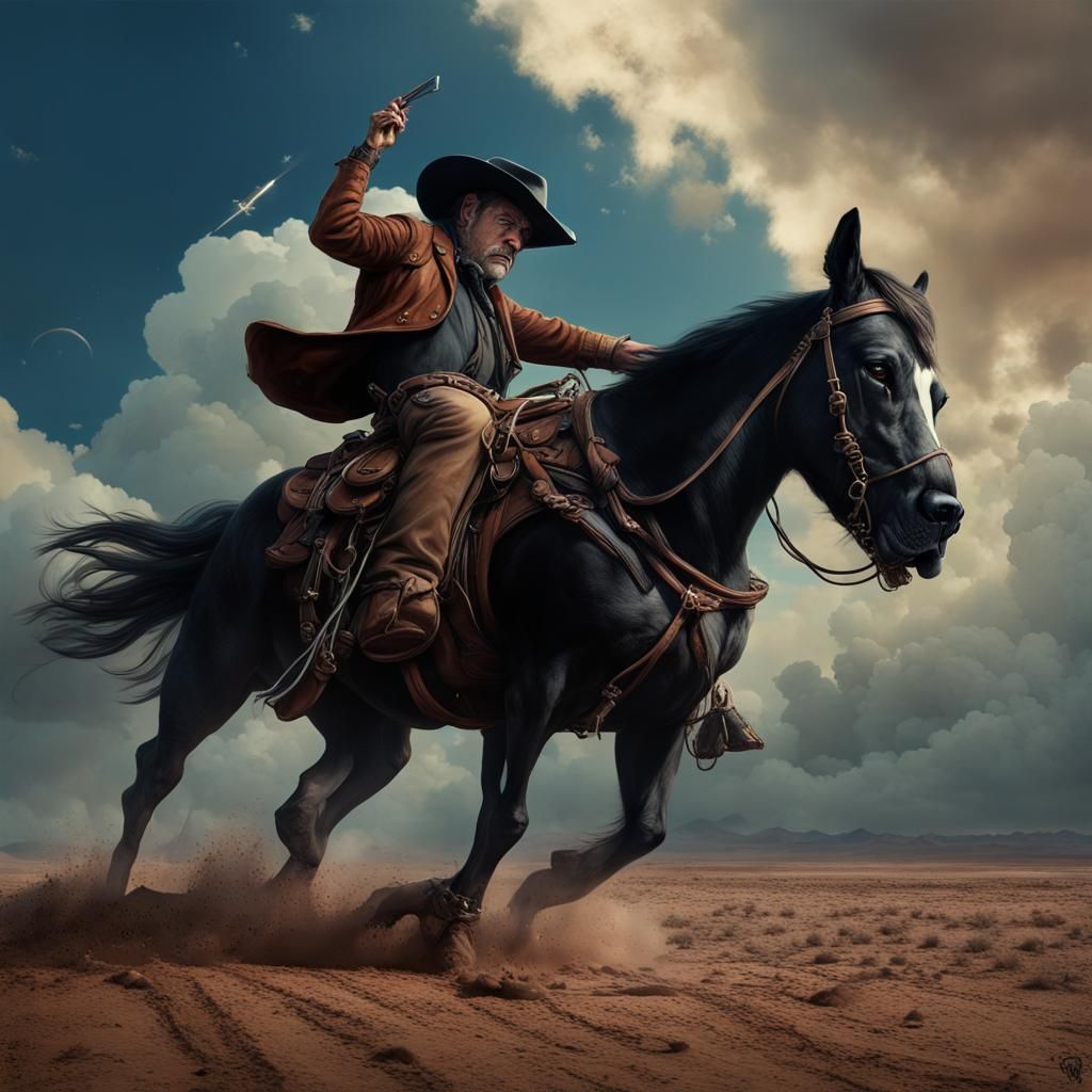 Cowboy Rides a Tornado in Fantasy Art Style