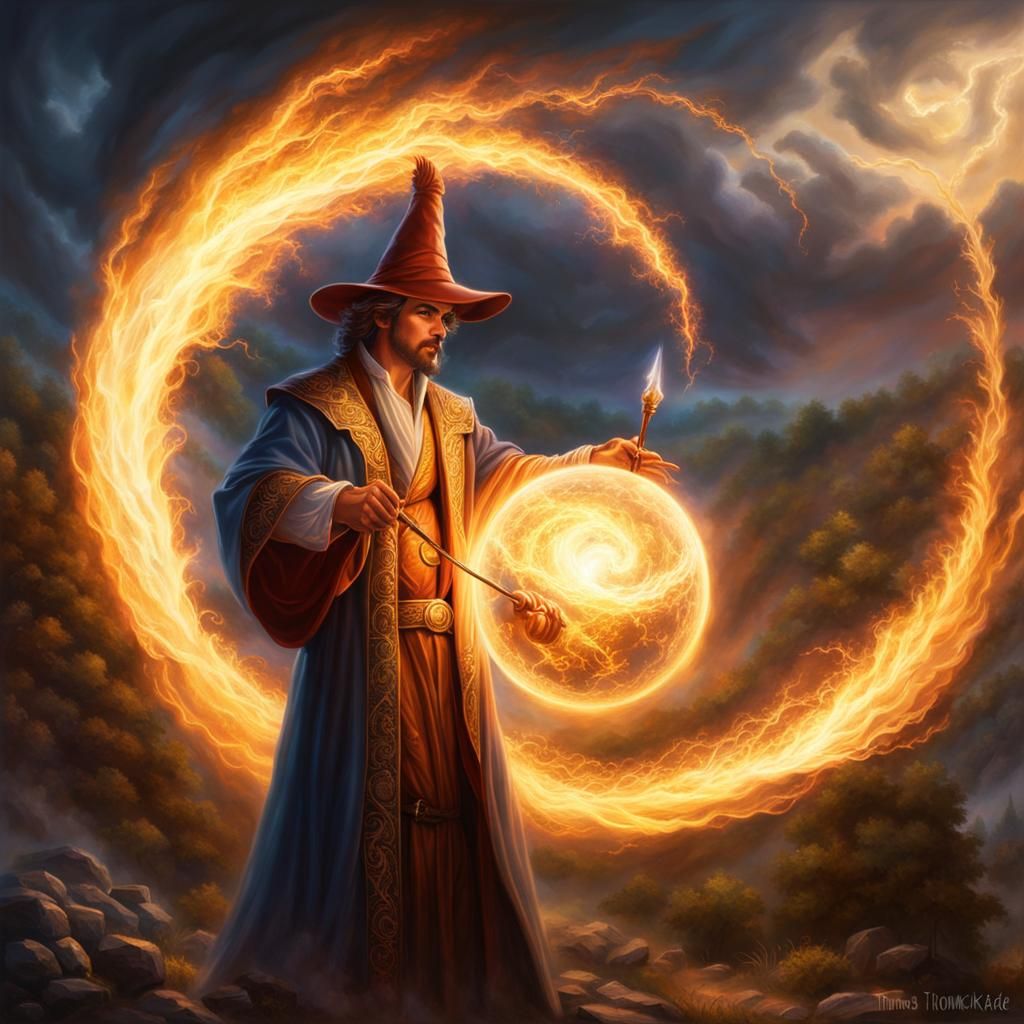 Male Mage Casts Fireball in Lightning Storm