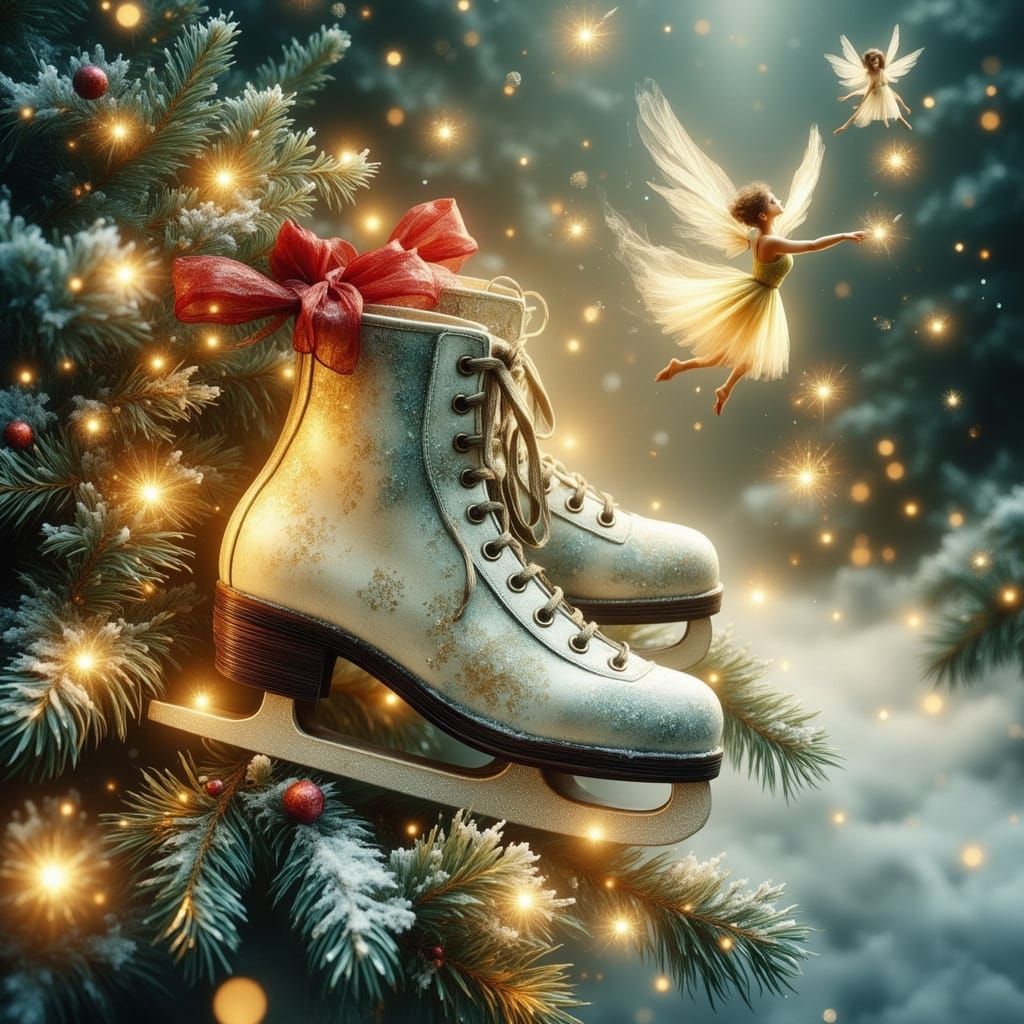 Vintage Ice Skates on Snowy Branch with Fairy Dancers