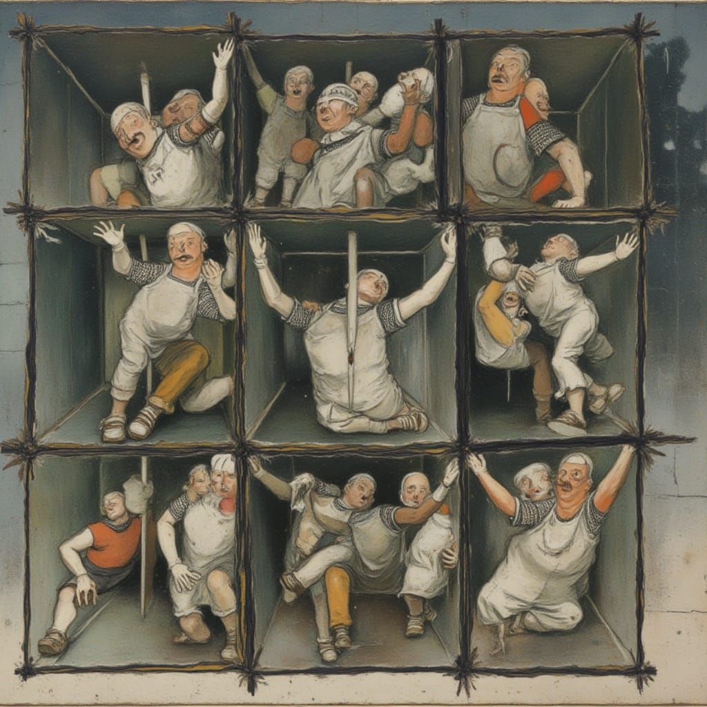 Dwarf Mimes Trapped in Glass Cubes, Hand-Tinted Photogravure