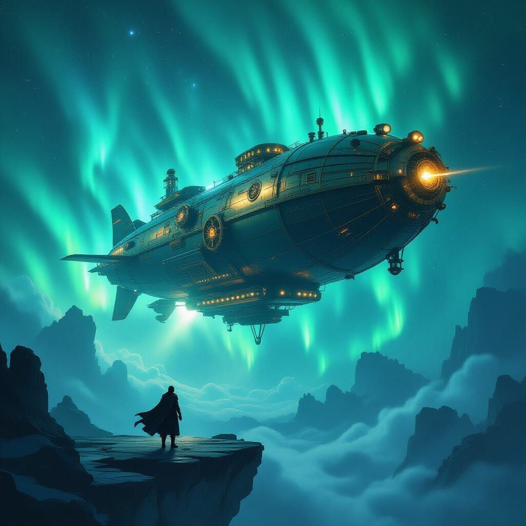 Steampunk Airship in Cosmic Nebula