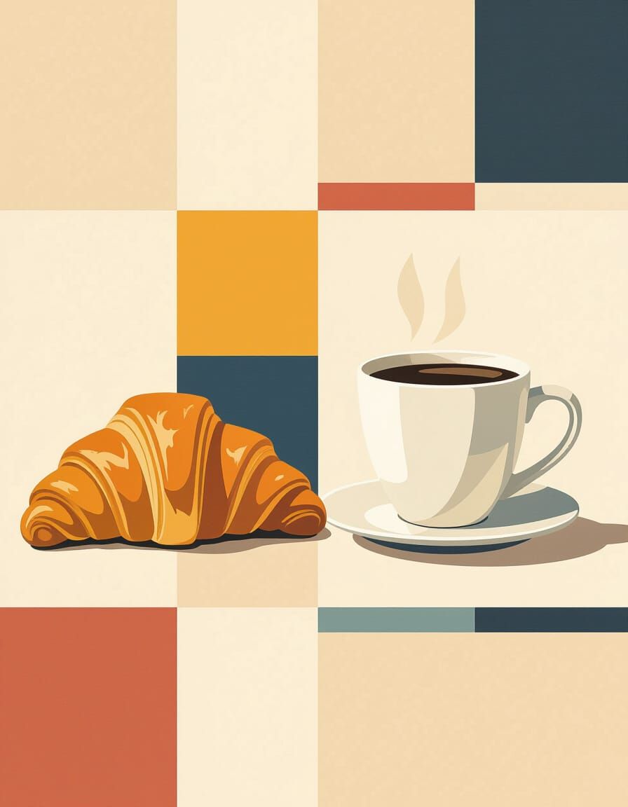 Abstract Croissant & Coffee Cup Art Print Geometric Grid