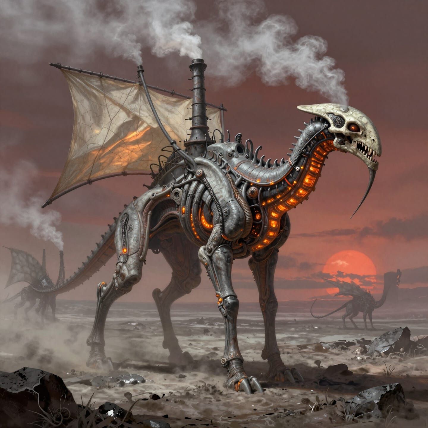 Towering Biomechanical Creature in Ashen Landscape