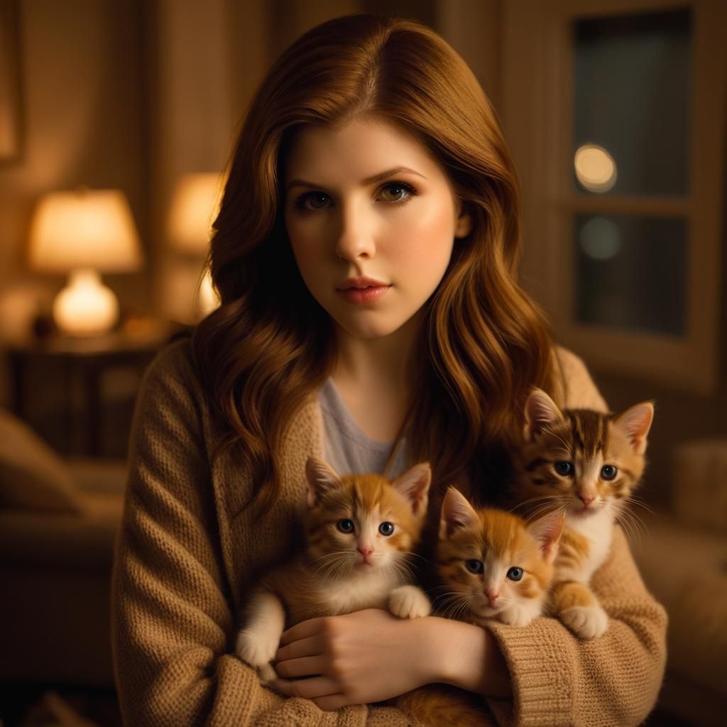 Anna Kendrick Surrounded by Kittens in Golden Light
