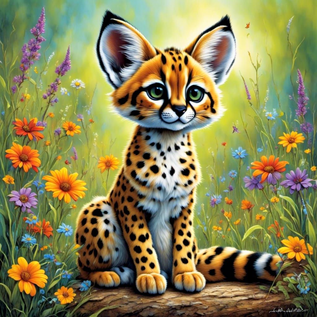 Adorable Serval with Prismatic Eyes in Wildflower Meadow